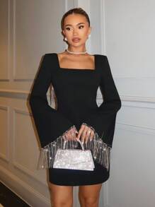 SHEIN BAE Long Sleeve Rhinestone & Tassel Backless Square Neck Flare Sleeve Party Dress, Club Women Outfits, Suitable For Date & Outing In Autumn,Party Dress - Black - View 2