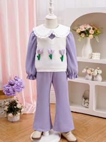 SHEIN Vintaside Kids Bộ đồ dài tay in họa tiết hoa tulip tím cho bé gái. Bộ trang phục có tông màu tím nhẹ nhàng, thanh lịch, với cổ áo tròn ở trên tạo sự tương phản đẹp mắt. Thiết kế hoa 3D ở ngực tạo điểm nhấn sống động, năng động. Quần ống loe giúp tôn đường cong chân với phong cách cổ điển sang trọng. Phù hợp với trang phục thường ngày, hoạt động ngoài trời và mùa xuân/thu. - Xám - Xem 3