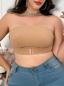 Plus Size Women High Elastic Front Closure Solid Color Bandeau Bra - Mocha Brown - View 4