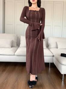 Modelyn Đầm dài tay thanh lịch cổ vuông ren chắp vá cho nữ - màu nâu - Xem 5