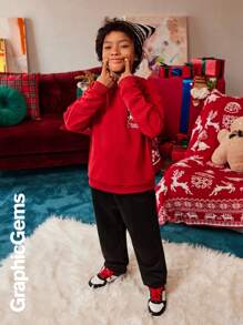 2pcs/Set Tween Boys Christmas Dog Pocket Hoodie Sweatshirt And Sweatpants Christmas Set