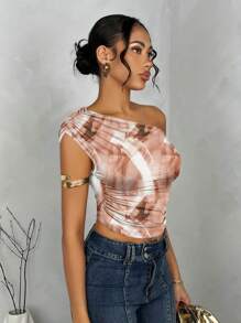 SHEIN BAE 女士紧身不对称领口褶皱短款上衣 - 卡其色 - 查看 3