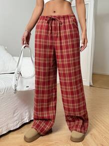 CovetEZ Women's Belted Plaid Straight Leg Loose Casual Pants - Red - View 3