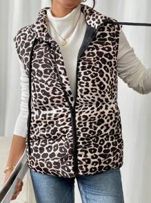 SHEIN Frenchy French Women's Leopard Print Sleeveless Quilted Puffy Warm Coat,Women's Leopard Print Sleeveless Quilted Padded Coat,Fall Women Clothes,Leopard Costume,Winter Clothes,Winter Clothes,