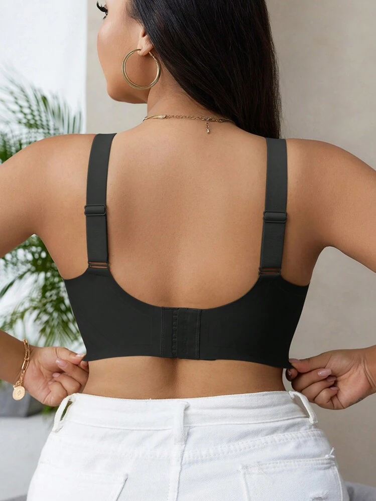 SHEIN Sutiã sem costura Plus Size para mulheres com faixas de gel e suporte macio, sutiã lift up sem fios - Preto - Visão 2