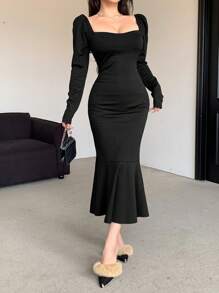 DAZY Solid Color Square Neck Puff Sleeve Mermaid Midi Dress For Women, Birthday Prom Dress,Ruffle,Fall Clothes - Black - View 8