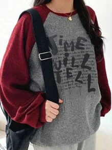 DAZY 女士休闲撞色缝线袖字母印花卫衣，秋季，长袖上衣，秋季女装 - 灰色 - 查看 2