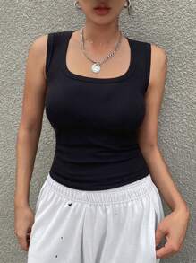 DAZY 女士纯色简约无袖黑色背心 - 黑色 - 查看 1