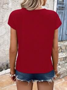 SHEIN LUNE 休闲 V 领蝙蝠袖 T 恤，夏季 - 紅色 - 查看 2