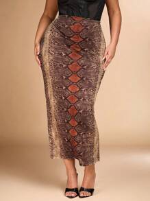 SHEIN BAE Plus Size Herfst Elegante Sexy Vrouwen Dierenprint Slangenprint Mesh Print Slim Fit Bruine Rok