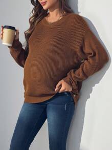 SHEIN Maternity Solid Color Drop Shoulder Round Neck Button-Up Long Sleeve Sweater, Autumn/Winter