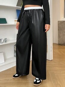 SHEIN EZwear 大码女式纯色拼布前系带休闲裤 - 黑色 - 查看 3