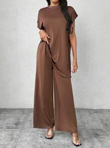 SHEIN Privé 2pcs Set Women Minimalist Elegant White Collared Dolman Sleeve Asymmetric Hem Loose Fit T-Shirt & Wide Leg Pants