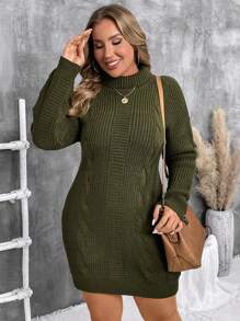 EMERY ROSE Plus Size Turtleneck Long Sleeve Cable Knit Sweater Dress - Army Green - View 3