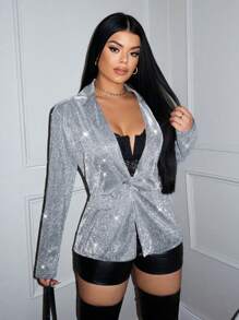 SHEIN SXY 女式翻领长袖闪亮西装外套，适合春季和秋季 - 深灰色 - 查看 5