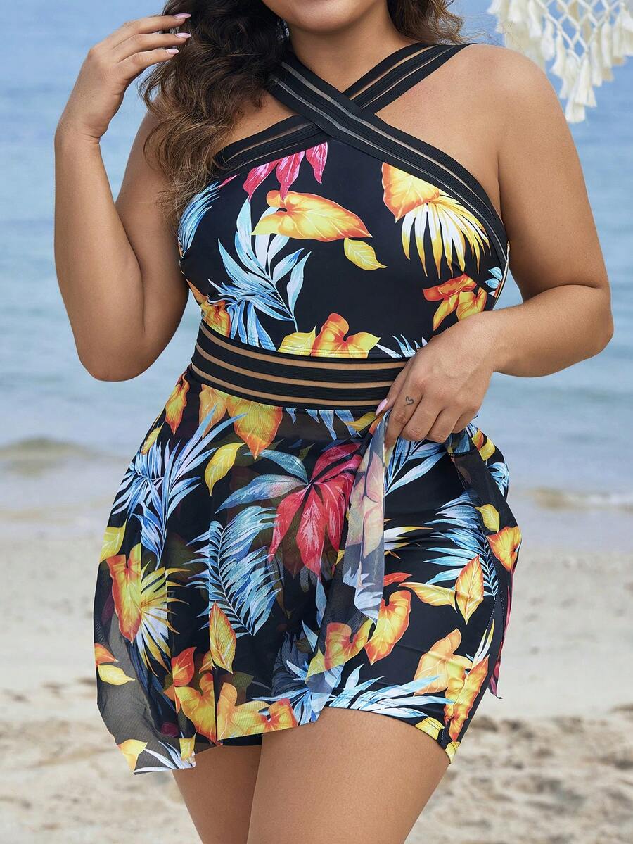 SHEIN Swim Curve Váy bơi in họa tiết nhiệt đới lưới ghép cỡ lớn, đi nghỉ thường ngày - Nhiều màu - Xem 1