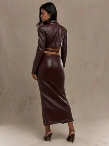 MISSGUIDED PU材质前开衩紧身圣诞长裙 - 酒紅色 - 查看 2