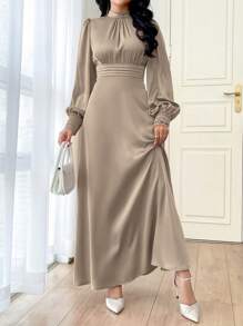 Modelyn Women Elegant Solid Color Lantern Sleeve Modest Long Sleeve Maxi Arabian Dress, Spring Summer Long Evening Dresses - Brown - View 5