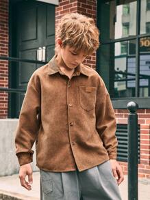 SHEIN Chaqueta informal de manga larga, bolsillo y holgada de pana para niños preadolescentes, otoño/invierno