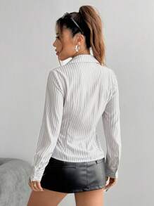 Flirla Petite Autumn Casual Buttoned Long Sleeve Slim Fit Striped Shirt Fall Cloth For Women - White - View 2
