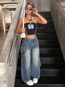 SHEIN Teen Girl Vintage Loose Fit Blue Denim Wide Leg Cargo Pants - Medium Wash - View 4
