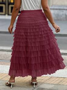 Plus Size Women Multi-Layer Mesh Ruffle Hem Skirt - Burgundy - View 2