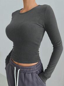 DAZY 女士纯色圆领修身长袖 T 恤，春秋季 - 深灰色 - 查看 1