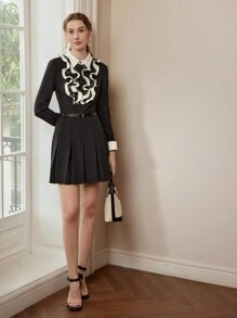 MOTF PREMIUM CONTRAST LACE RUFFLE TRIM PLEATED HEM BELTED SHORT DRESS