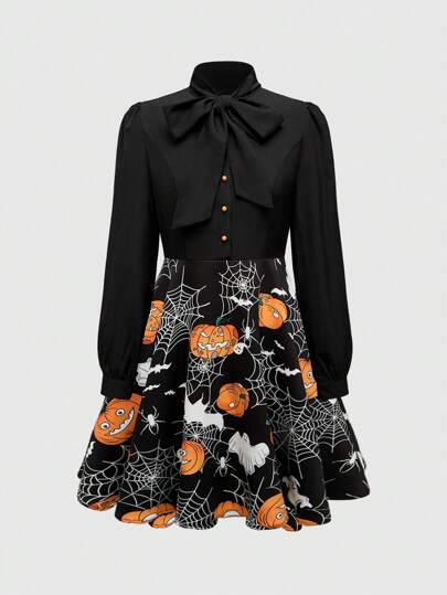 Fairycore Vestido corto de manga larga con lazo en el cuello y estampado de calabaza de dibujos animados para mujer