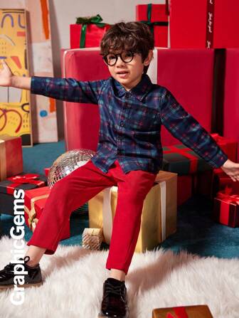 2pcs Young Boy Plaid Shirt & Red Suit Pants Set, Christmas Gentleman Outfit