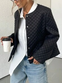 EMERY ROSE 女士宽松圆领双排扣菱形绗缝加厚棉服外套冬季双口袋 - 黑色 - 查看 3