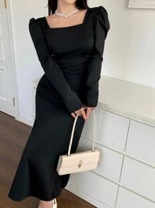 Modelyn Women's Elegant Mid-Length Black Dress With Bowknot Decor & Gigot Sleeve, Autumn & Winter Long Evening Dresses - Multicolor - View 2