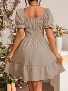 Chiquease Vestido mini de vacaciones para mujer con mangas abullonadas, cintura ceñida, frente atado y plisado de color liso