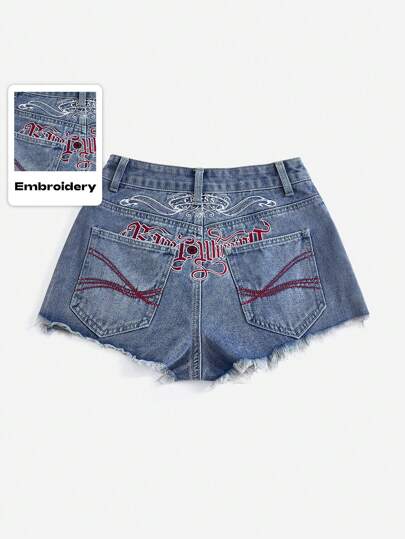 Grunge Punk Ladies Casual Commute Embroidered Slogan, Football, Race Car Motif Denim Shorts