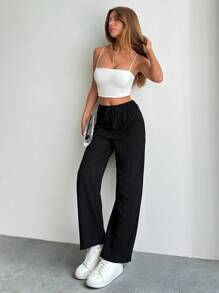 SHEIN PETITE Damskie spodnie Petite Mid Waist Wide Leg - Czarne - Zobacz 4