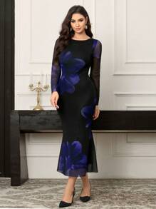 Modelyn 花卉印花圆领网眼拼接优雅长袖连衣裙超长女士装长款晚礼服 - 黑色 - 查看 4