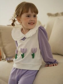 SHEIN Vintaside Kids Bộ đồ dài tay in họa tiết hoa tulip tím cho bé gái. Bộ trang phục có tông màu tím nhẹ nhàng, thanh lịch, với cổ áo tròn ở trên tạo sự tương phản đẹp mắt. Thiết kế hoa 3D ở ngực tạo điểm nhấn sống động, năng động. Quần ống loe giúp tôn đường cong chân với phong cách cổ điển sang trọng. Phù hợp với trang phục thường ngày, hoạt động ngoài trời và mùa xuân/thu. - Xám - Xem 5