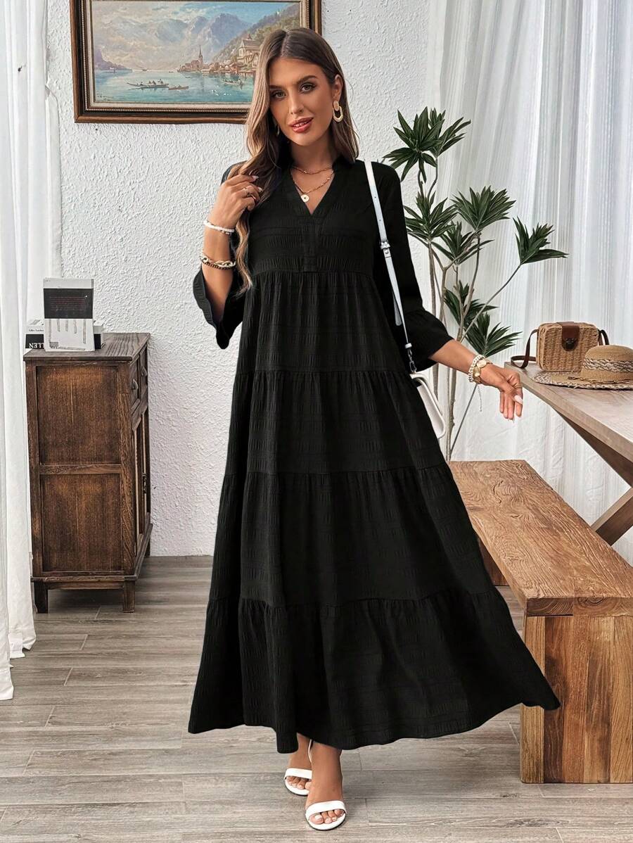 EMERY ROSE V-Neck Ruffled Sleeve & High-Low Hem Tree Leaf Print Casual Fall Long Dress For Women Viscose Dress - Black - View 1