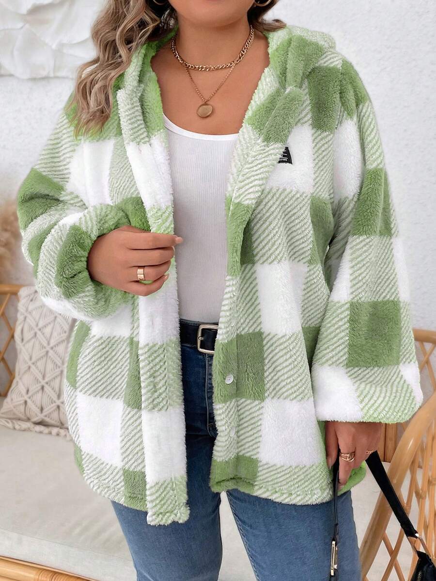 SHEIN LUNE Chaqueta gruesa con capucha de forro polar a cuadros de manga larga para mujer de talla grande para otoño/invierno - verde menta - Ver 1