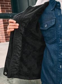 SHEIN Tween Boy 拼色袋鼠口袋连帽棉服外套，冬季 - 黑與白 - 查看 6
