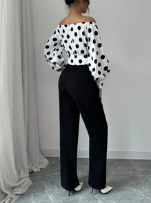 Selianne Women Off-Shoulder Polka Dot Allover Print Long Sleeve Jumpsuit Fall Cloth For Women - Black and White - View 2