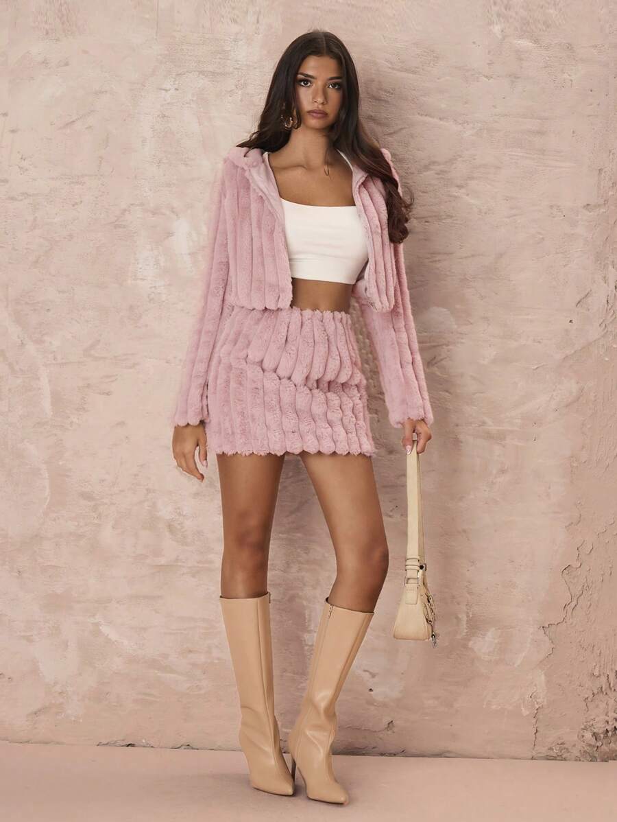 Zolique 2pcs/Set Sweet Furry Hooded Jacket & Skirt Winter Pink Women Snow Teddy Sets,Christmas 2pcs/Set Fall Cloth For Women