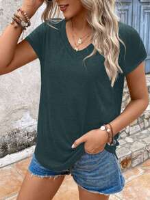 SHEIN LUNE 女士夏季纯色 V 领短袖休闲 T 恤 - 藏蓝色 - 查看 3