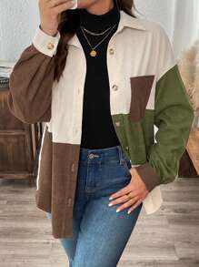 SHEIN LUNE Große Größen Kord Farbblock Lose Hemd - Braun - Übersicht 3