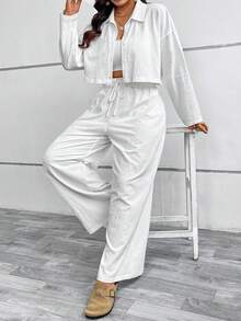 SHEIN VCAY 大码纯色长袖衬衫和宽松系带前长裤两件套 - 白色 - 查看 6
