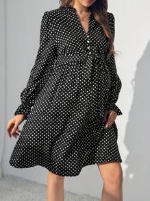 SHEIN Maternity Polka Dot Print Flare Sleeve Belted Dress - Black - View 5