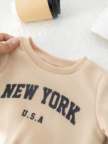 SHEIN Leap Crew Bộ 3 món/Bộ áo nỉ in chữ kaki dễ thương cho bé gái, quần dài và áo vest ấm áp mềm mại, mùa thu/đông - Màu Khaki - Xem 10