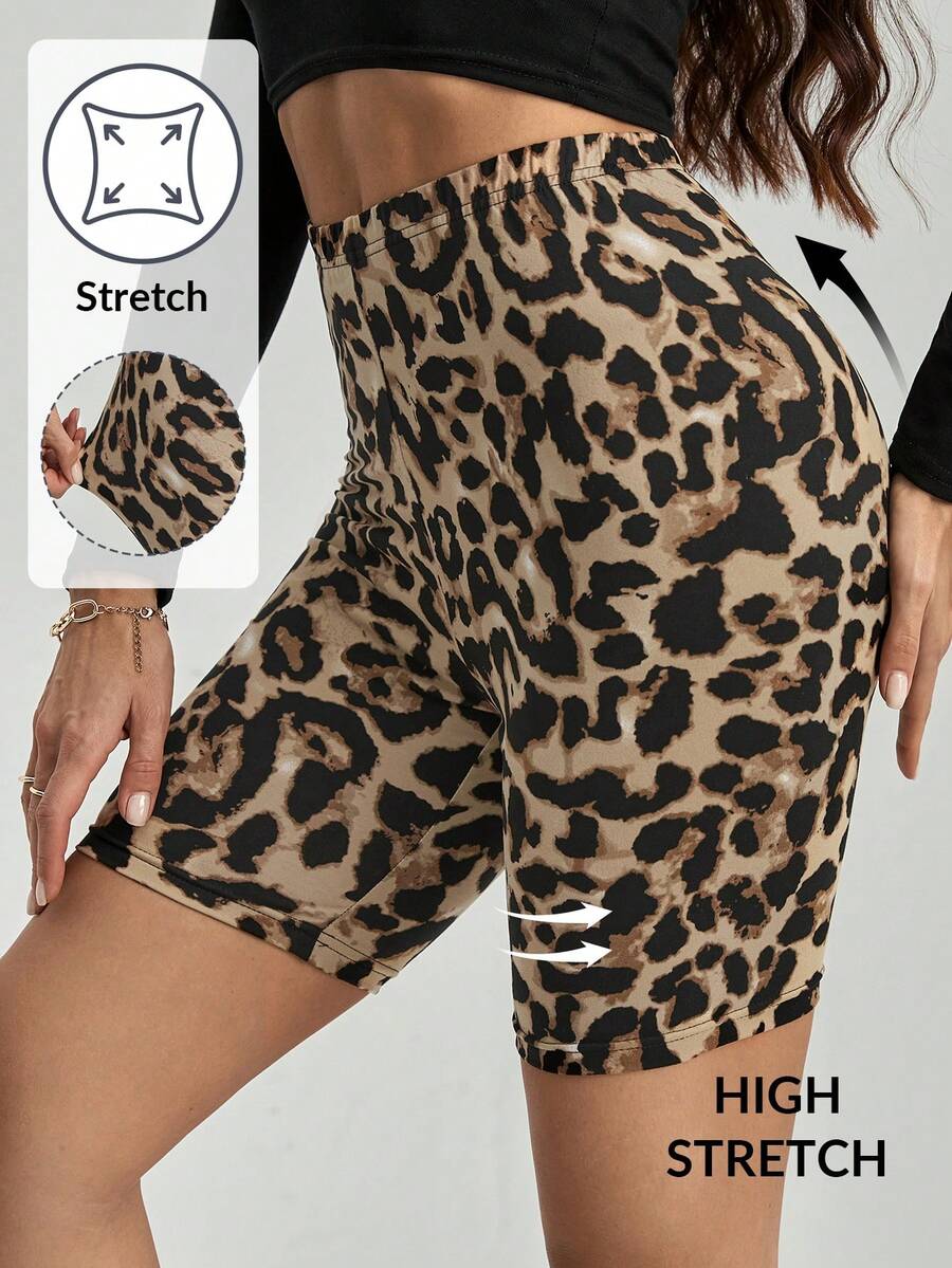 SHEIN Tall Women's Leopard Print Leggings Shorts - Brown - View 1