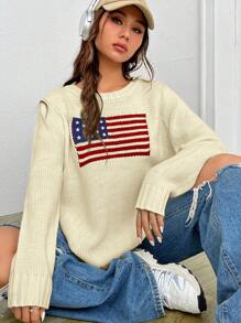 SHEIN EZwear 宽松休闲秋季美国国旗图案毛衣 - 杏色 - 查看 6