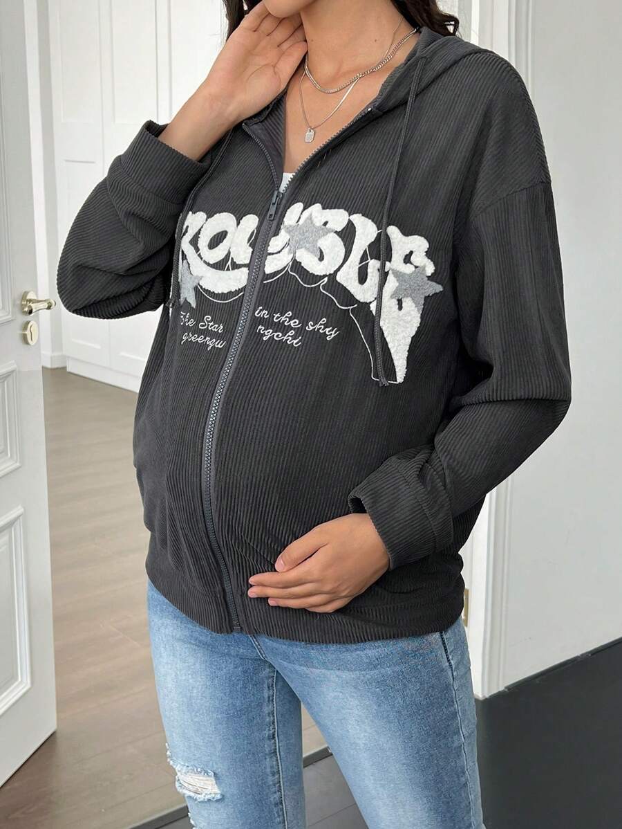 SHEIN 孕妇休闲落肩拉链连帽夹克，春秋 - 灰色 - 查看 1